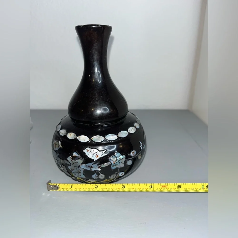 Vintage Orient Express Black Plastic Mother Of Pearl Vase Korea Floral BirdMotif